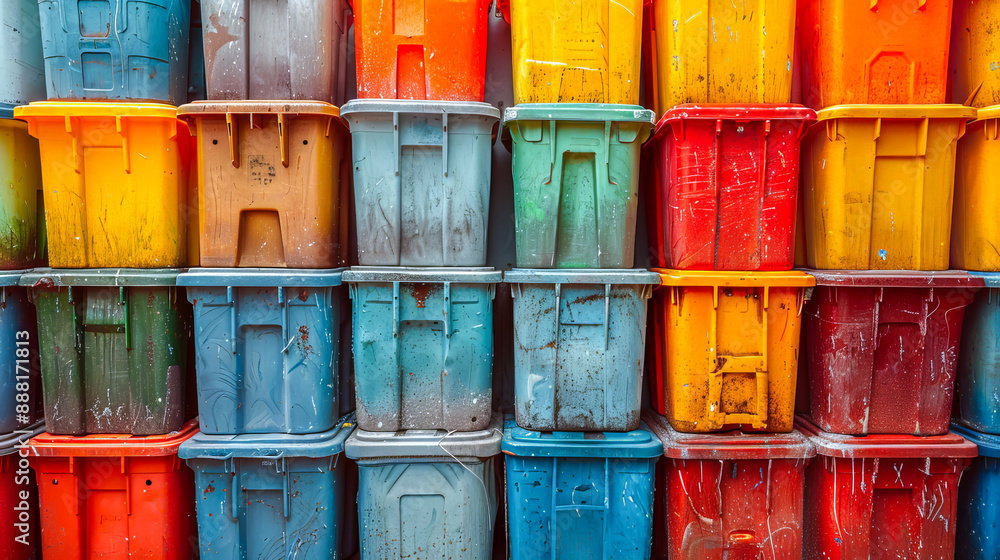 Colorful stack of plastic storage containers showing wear and tear ...