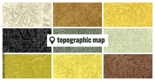 Colorful topographic map with contour lines. Geographic terrain grid, relief height elevation. Ground path pattern. Travel and navigation, cartography design element. Vector illustration