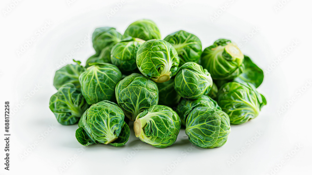 Fototapeta premium Fresh green Brussels sprouts on a white background, showcasing their vibrant color and healthy texture, perfect for nutritious me