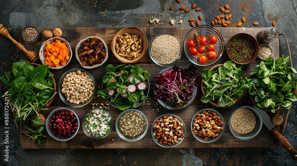 A top-down view of a rustic table spread with various salad ingredients, including leafy greens, chopped fruits, a mix of nuts, and grains like farro and quinoa, ready to be assembled A top-down view of a rustic table spread with various salad ingredients, including leafy greens, chopped fruits, a mix of nuts, and grains like farro and quinoa, ready to be assembled