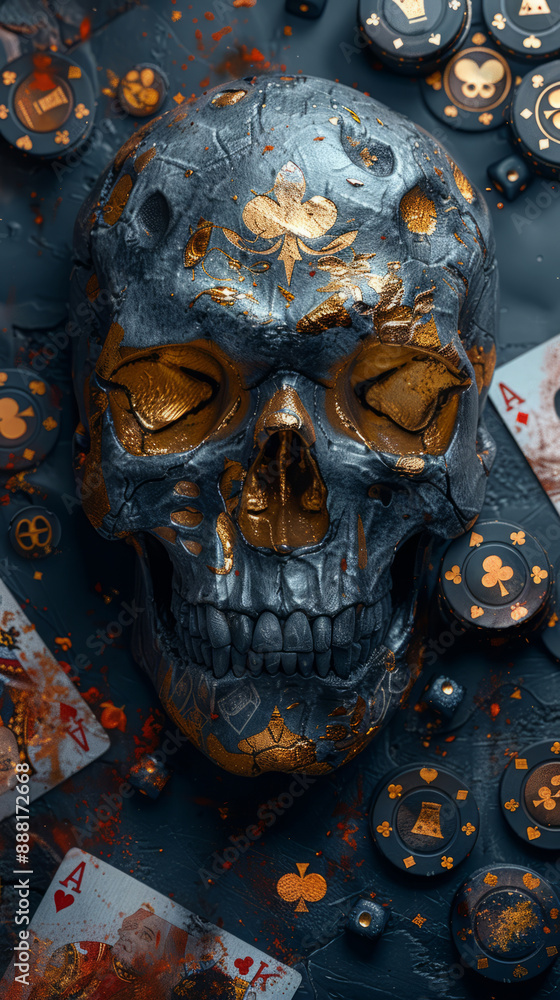 Fototapeta premium Black Skull with Golden Accents and Spade Symbol