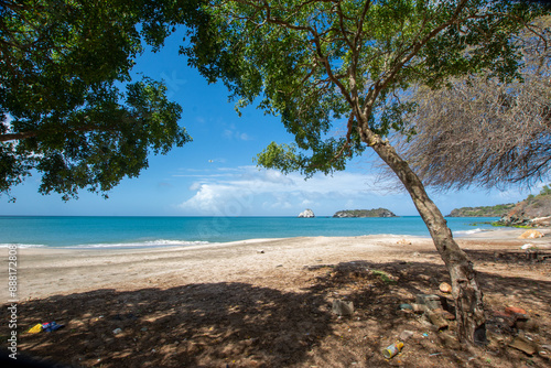 Virgin beach in the Caribbean. Turquoise blue beaches, with cliffs and vegetation