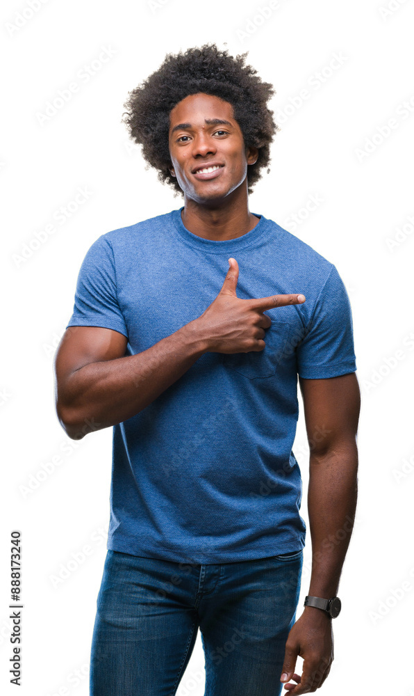 Afro american man over isolated background cheerful with a smile of face pointing with hand and finger up to the side with happy and natural expression on face looking at the camera. Afro american man over isolated background cheerful with a smile of face pointing with hand and finger up to the side with happy and natural expression on face looking at the camera.