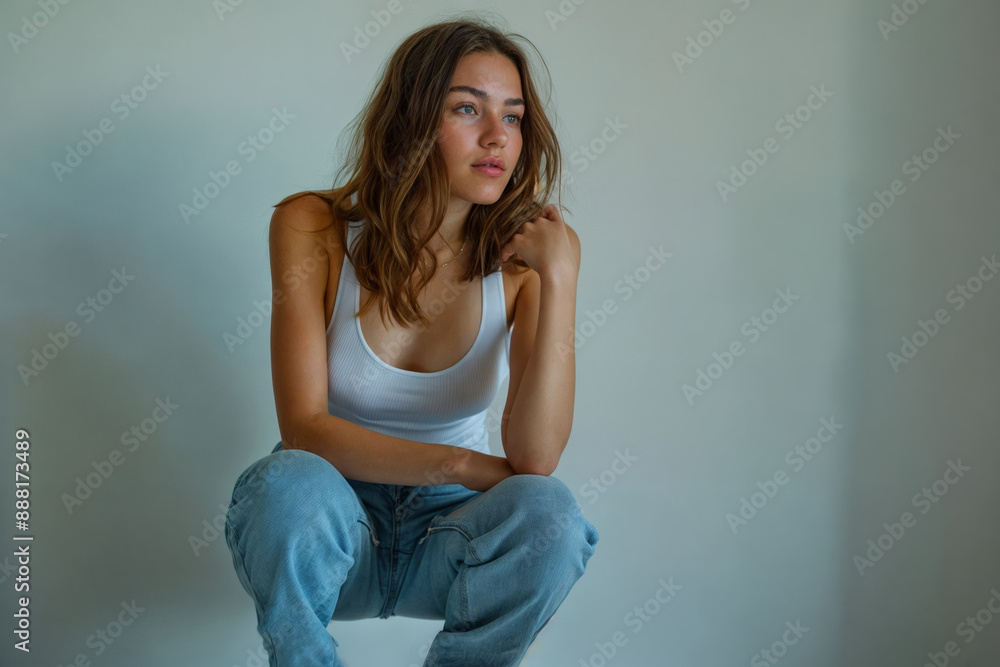 Young woman sitting against plain background wearing white tank top and jeans, thoughtful expression, casual fashion, natural light, relaxed pose, modern lifestyle Young woman sitting against plain background wearing white tank top and jeans, thoughtful expression, casual fashion, natural light, relaxed pose, modern lifestyle