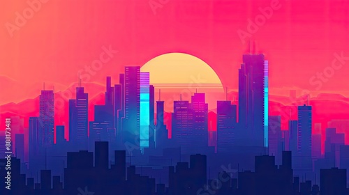 Gorgeous gradient sunset behind a colorful cityscape with skyscrapers, creating a stunning urban skyline scene in a vibrant evening glow.