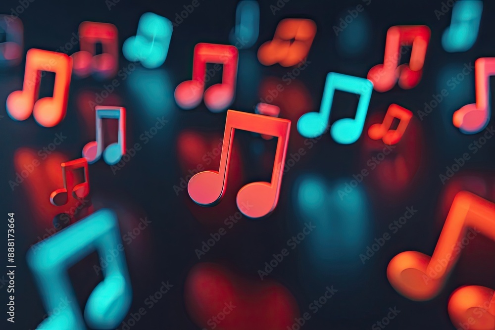 Vibrant floating musical notes in red and turquoise on a dark background, representing sound, melody, and rhythm in an abstract design. Vibrant floating musical notes in red and turquoise on a dark background, representing sound, melody, and rhythm in an abstract design.