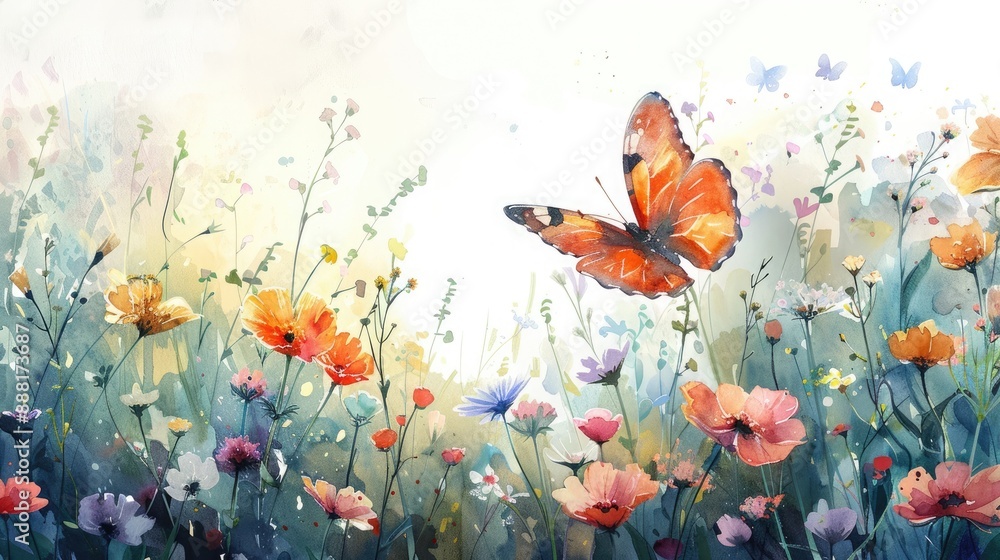 Vibrant watercolor painting of a butterfly fluttering over a blooming meadow filled with a variety of colorful flowers. Vibrant watercolor painting of a butterfly fluttering over a blooming meadow filled with a variety of colorful flowers.