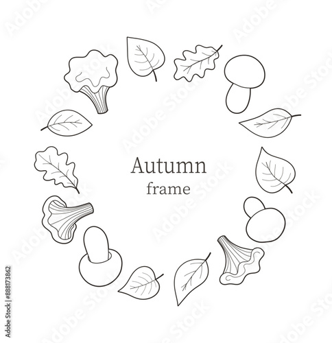 Round frame with contour mushrooms and leaves, autumn background.