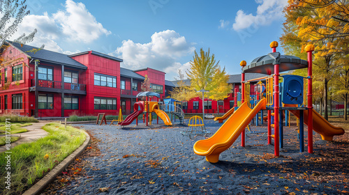 A vibrant and colorful playground situated in front of a beautiful red building with arches and a tower, surrounded by lush greenery and trees under a bright blue sky.