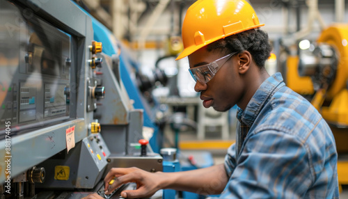 In a factory, a man is wearing a hard hat and safety glasses while working on a machine