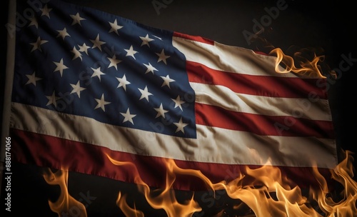 Flames consume the American flag on dark background, burning in flames destructed, creating a striking image that captures the essence of conflict and passionate expression, patriotism, protest