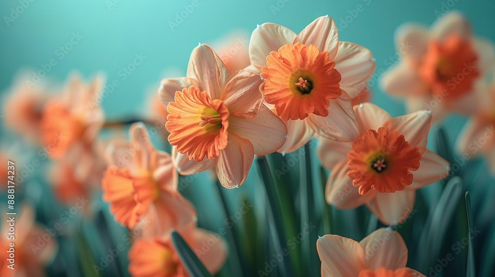 Close-up of vibrant orange and white flowers against a serene blue wall backdrop Close-up of vibrant orange and white flowers against a serene blue wall backdrop
