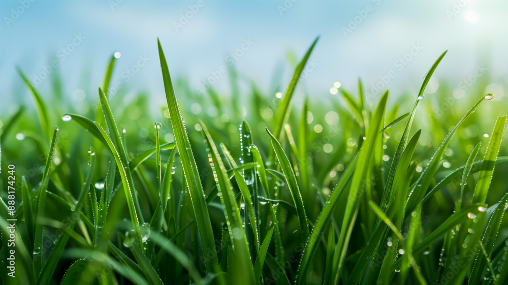 Fototapeta premium Fresh green grass with morning dew drops in sunlight