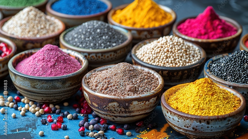 A collection of multicolored powder bowls arranged alongside various-colored powder vessels A collection of multicolored powder bowls arranged alongside various-colored powder vessels