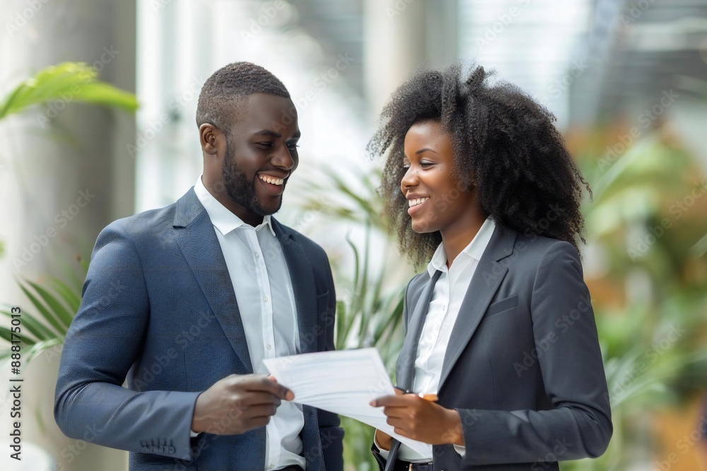 Two young African businesspeople smiling and discussing job application form in office setting. Two young African businesspeople smiling and discussing job application form in office setting.