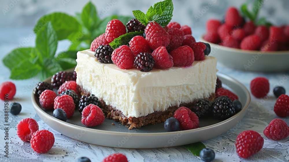 A white plate, adorned with a cheesecake slice smothered in raspberries and blackberries, sits alongside a bowl brimming with raspberries A white plate, adorned with a cheesecake slice smothered in raspberries and blackberries, sits alongside a bowl brimming with raspberries