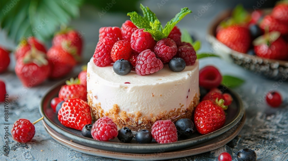 A close-up image of a cake with strawberries and raspberries on its plate A close-up image of a cake with strawberries and raspberries on its plate