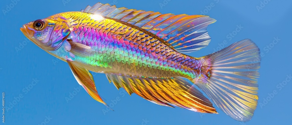 Fototapeta premium Colorful tropical fish with vibrant rainbow scales swimming in clear blue water, showcasing nature's beauty and aquatic life.