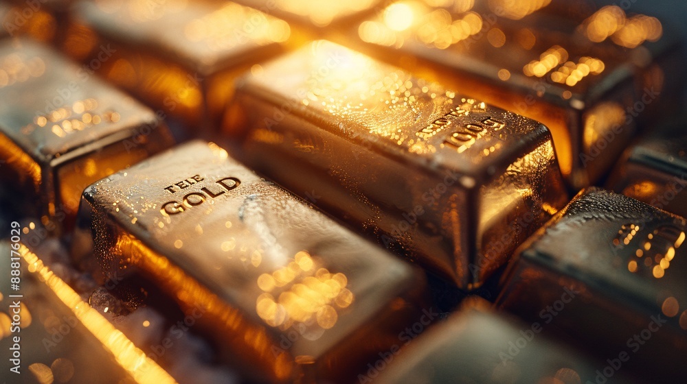 A close-up shot of several gold bars stacked on top of each other, gleaming brightly against a dark background, symbolizing wealth and power A close-up shot of several gold bars stacked on top of each other, gleaming brightly against a dark background, symbolizing wealth and power