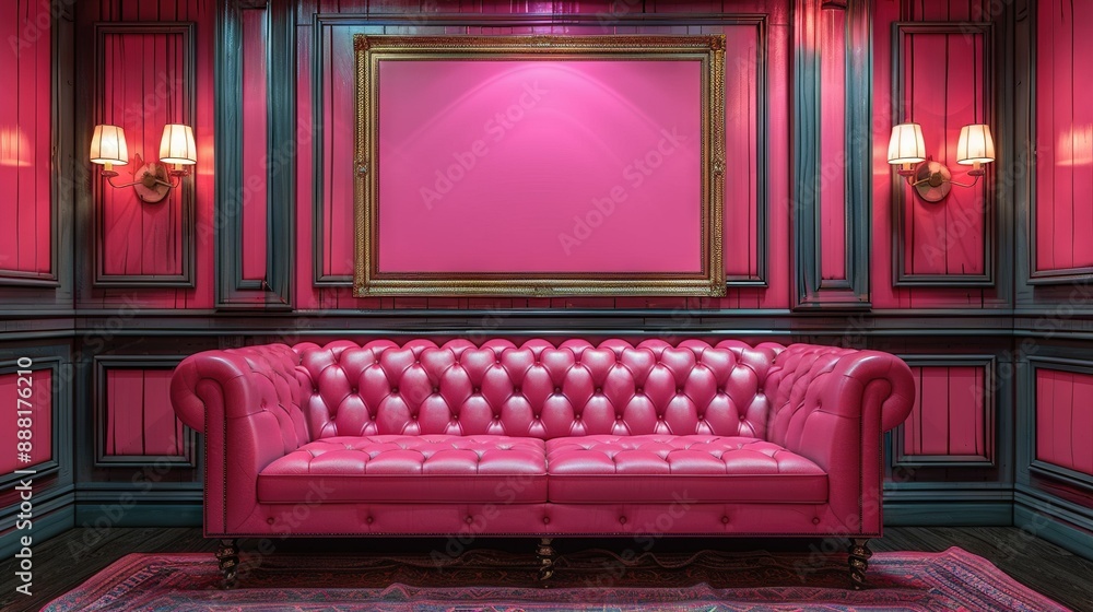 A pink couch sits before a pink wall Gold-framed mirror graces the wall, while a rug covers the floor A pink couch sits before a pink wall Gold-framed mirror graces the wall, while a rug covers the floor