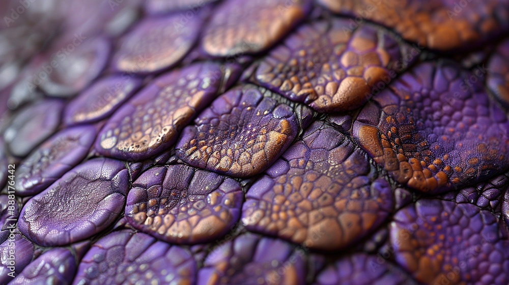 Close-up of purple-orange lizard skin with water droplets on the surface Close-up of purple-orange lizard skin with water droplets on the surface