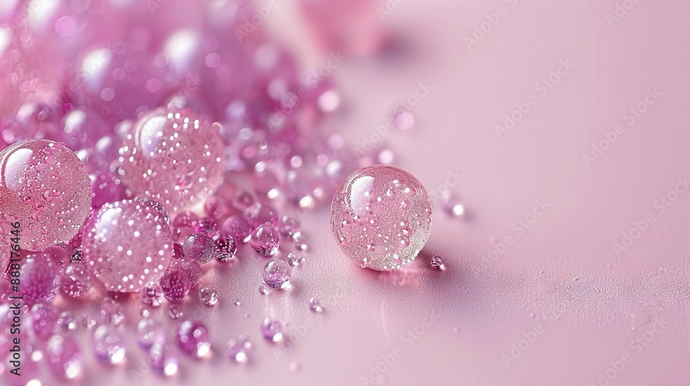 A zoomed-in image of several bubbles on a pink background with a droplet of water hovering above it A zoomed-in image of several bubbles on a pink background with a droplet of water hovering above it