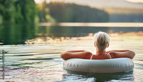 Older woman floating in an inner tube in a calm lake during sunset in the summer