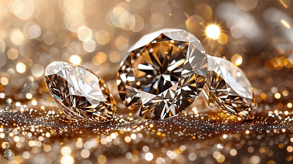 A pair of diamonds resting atop a golden glittery surface, surrounded by shimmering background lights A pair of diamonds resting atop a golden glittery surface, surrounded by shimmering background lights