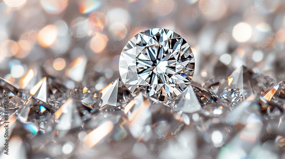 A macro of a diamond encrusted in small silver crystals against a gray backdrop, with sharp focus on the diamond's center A macro of a diamond encrusted in small silver crystals against a gray backdrop, with sharp focus on the diamond's center