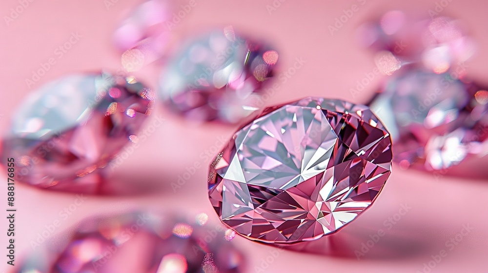 Close-up of a pink diamond set on a light pink background surrounded by small pink diamonds, allowing space for text Close-up of a pink diamond set on a light pink background surrounded by small pink diamonds, allowing space for text