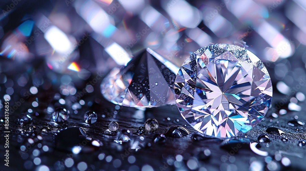A pair of diamonds rest on a pile of shimmering glass drops of water against a dark background A pair of diamonds rest on a pile of shimmering glass drops of water against a dark background