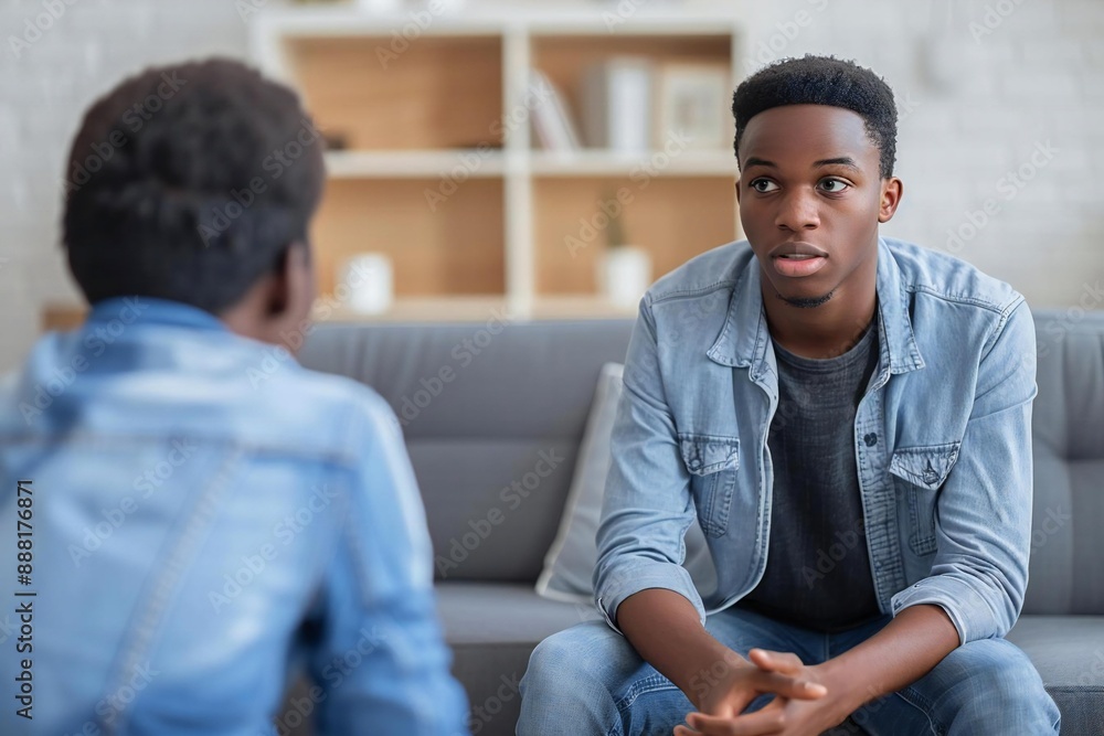 young African American man sitting on a couch, talking to a psychologist about his mental health problems at home. young African American man sitting on a couch, talking to a psychologist about his mental health problems at home.