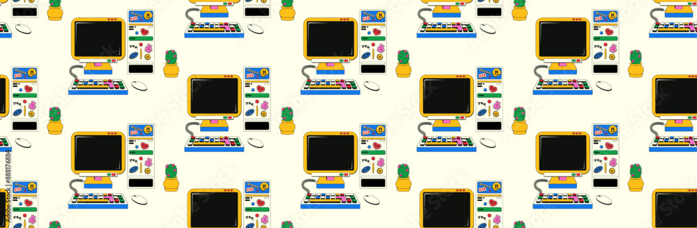 Seamless pattern with retro desktop computer with 90s-00s aesthetics ...