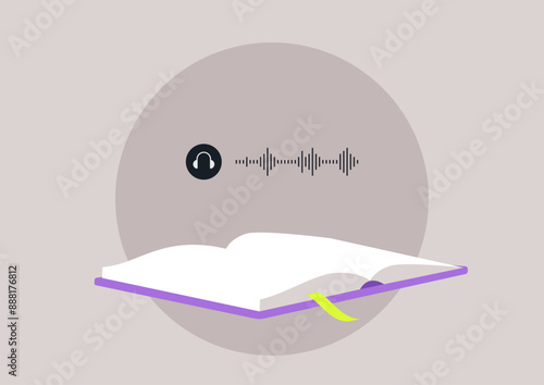 A book lies open, its pages blank, while audio waves and an icon of headphones suggest a digital audiobook experience