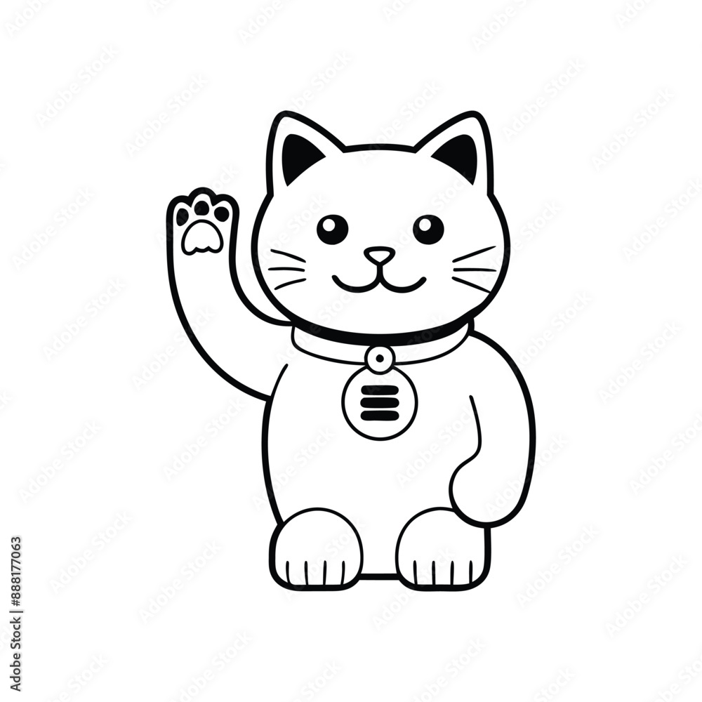 Fototapeta premium Charming waving cat line art vector icon, perfect for cute and playful design projects.