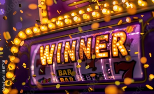 banner design with a purple background and golden confetti, a retro light sign displaying "WINNER" in gold letters on the front of a casino game board, featuring purple and yellow colors Generative AI