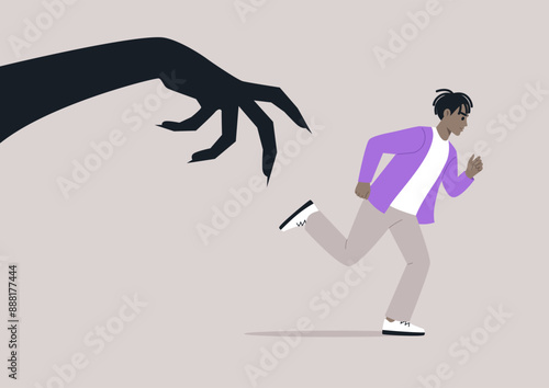 A person is running away from a large, clawed hand, which appears to be reaching out from a shadow