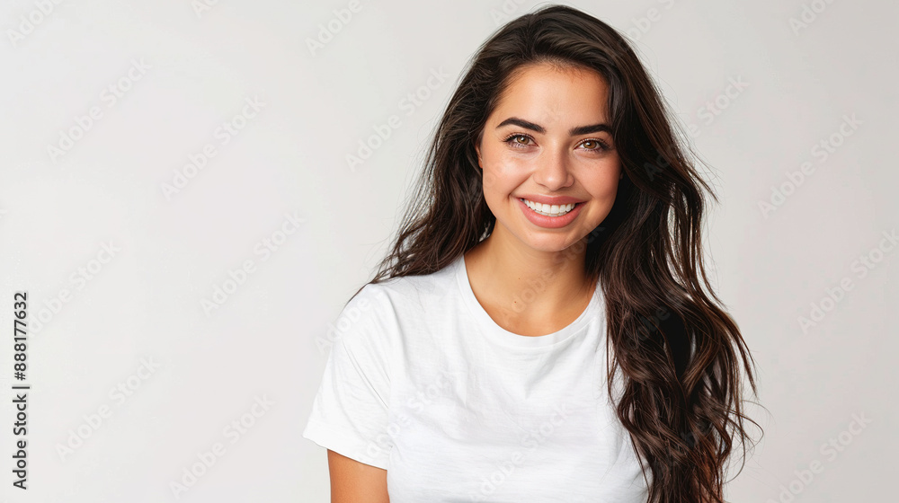 Cheerful young woman smiling with copy space on white background, advertising. Cheerful young woman smiling with copy space on white background, advertising.