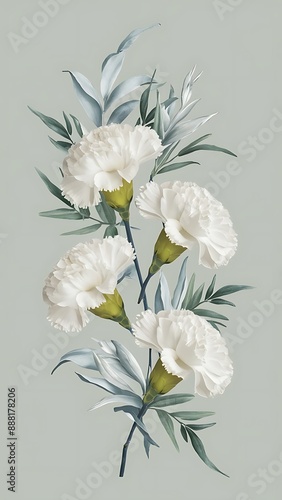 White flowers of carnation and silver green leaves of senecio cineraria on pastel gray background flowers composition