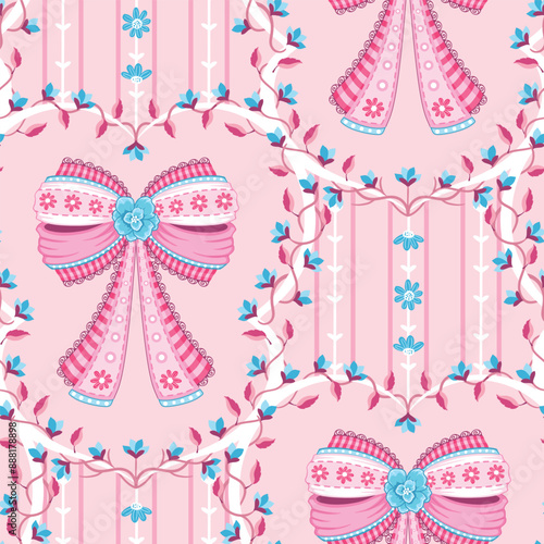 Pink, elegant, elaborate bows with gingham and lace details in coquette style surrounded by floral vines.  Seamless repeated surface vector pattern design.