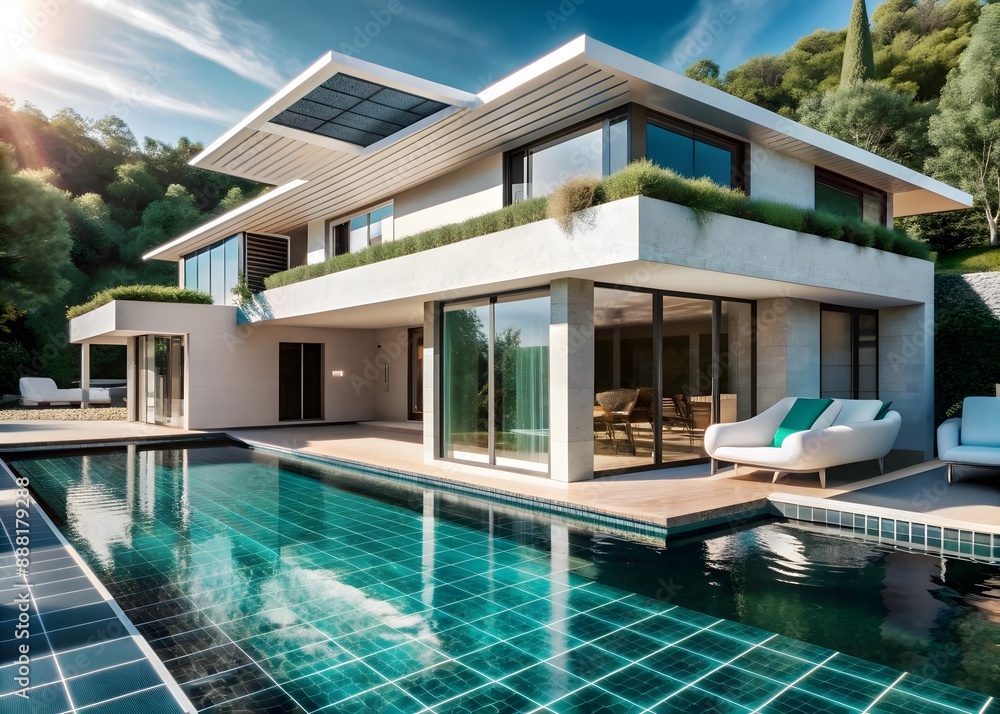 Fototapeta premium Solar panels on the roof of a beautiful modern home,villa,technology, energy, green energy, electricity, alternative energy