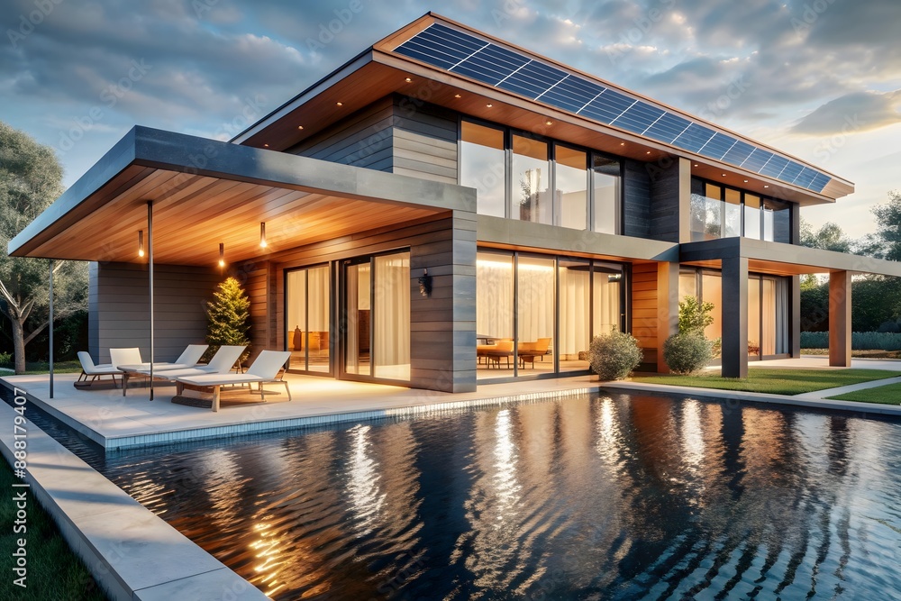 Solar panels on the roof of a beautiful modern home,villa,technology, energy, green energy, electricity, alternative energy Solar panels on the roof of a beautiful modern home,villa,technology, energy, green energy, electricity, alternative energy