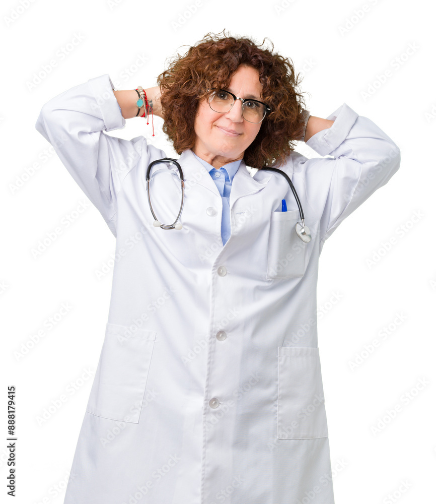 Middle ager senior doctor woman over isolated background Relaxing and stretching with arms and hands behind head and neck, smiling happy Middle ager senior doctor woman over isolated background Relaxing and stretching with arms and hands behind head and neck, smiling happy
