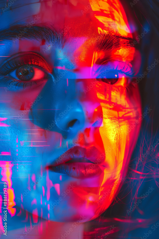A close-up of a woman's face with vibrant digital overlays, highlighting the concept of deepfake technology and the blend of human identity with advanced digital manipulation. A close-up of a woman's face with vibrant digital overlays, highlighting the concept of deepfake technology and the blend of human identity with advanced digital manipulation.
