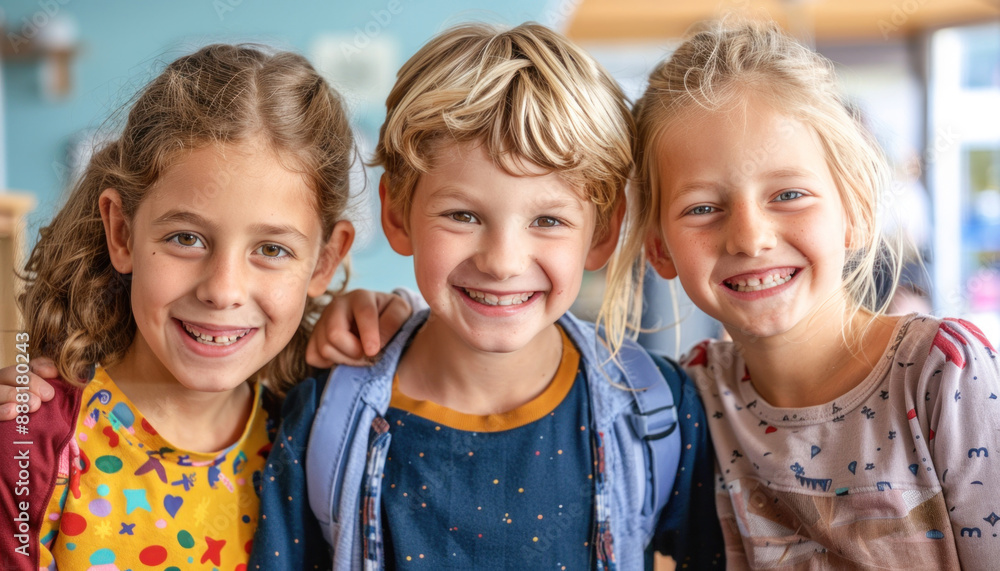 Fototapeta premium Three children are happily smiling and posing for a picture together in a classroom