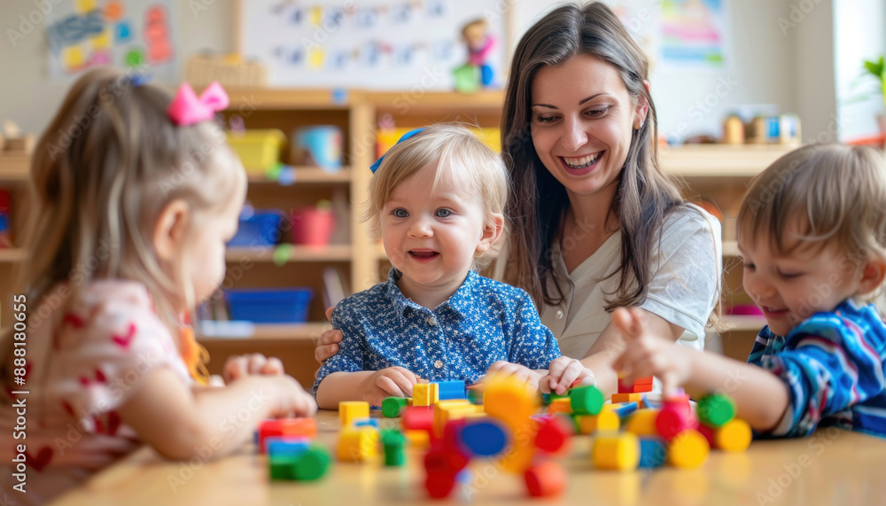 A woman is smiling with children, playing with blocks, and having fun in a social group A woman is smiling with children, playing with blocks, and having fun in a social group
