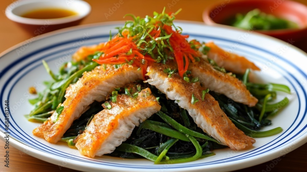 Deliciously prepared fish fillet with a side of fresh vegetables Deliciously prepared fish fillet with a side of fresh vegetables