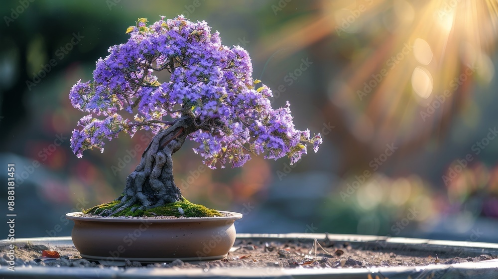 Elegant lavender bonsai tree with purple blossoms in a sunlit field Elegant lavender bonsai tree with purple blossoms in a sunlit field