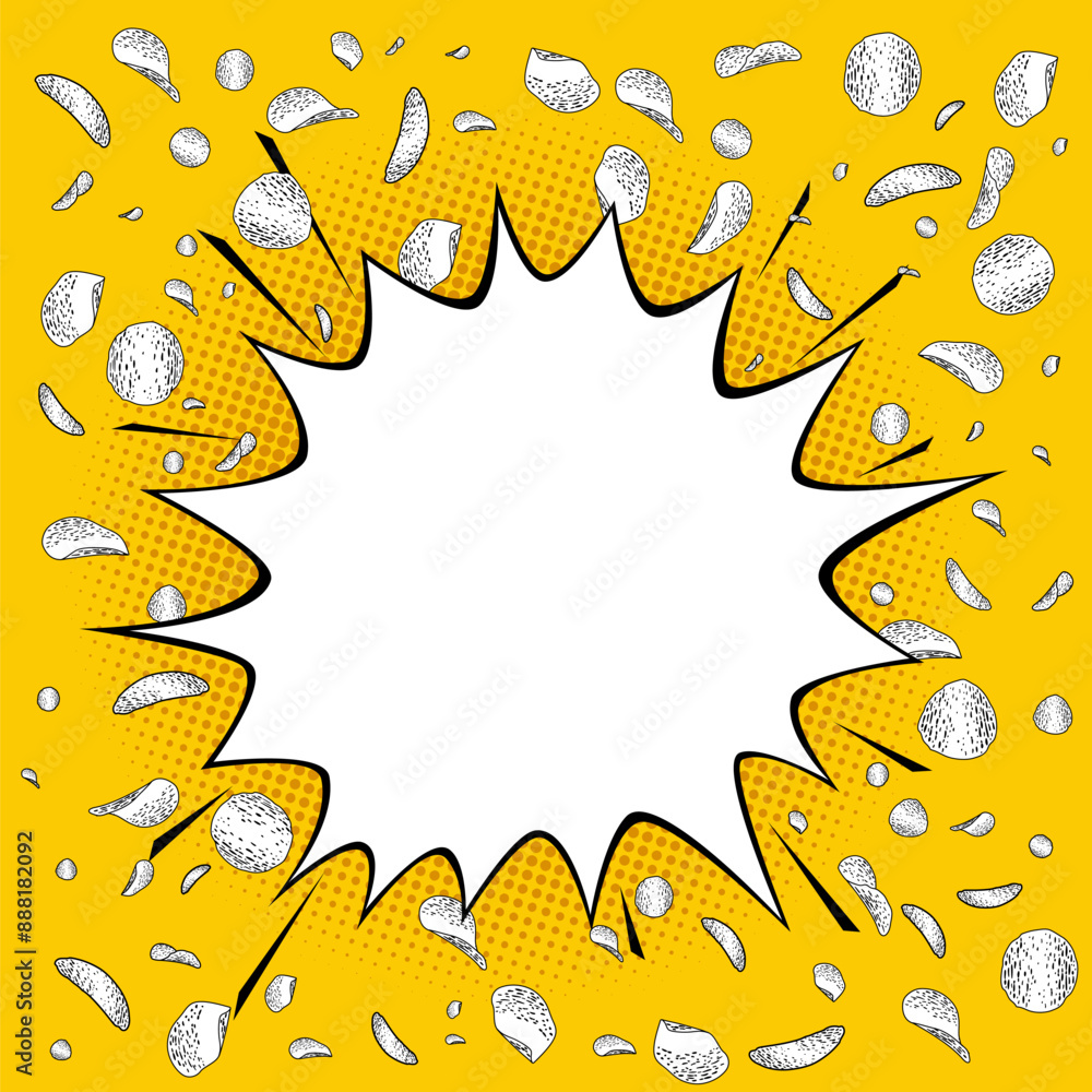 Flying chips and an explosion sound effects bubble isolated on a yellow background. Line drawing in vintage engraving and comic style. Vector illustration Flying chips and an explosion sound effects bubble isolated on a yellow background. Line drawing in vintage engraving and comic style. Vector illustration