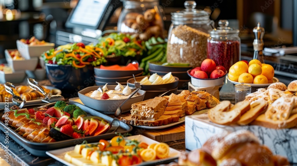 An opulent breakfast spread in a five-star hotel, with a selection of dishes from a contemporary resort buffet An opulent breakfast spread in a five-star hotel, with a selection of dishes from a contemporary resort buffet